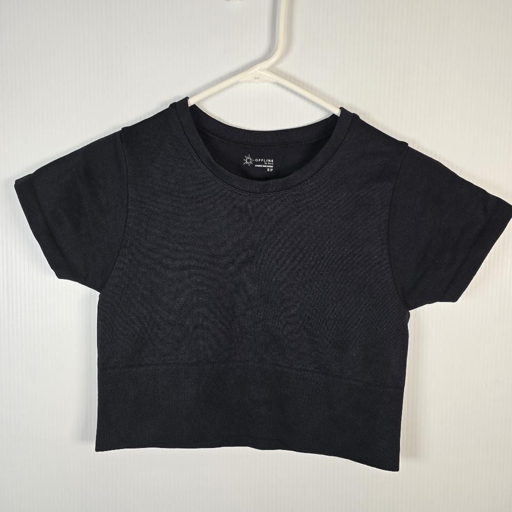 Offline‎ By Aerie Black Short Sleeve Cropped Top Scoop Neck Strechy Size Small